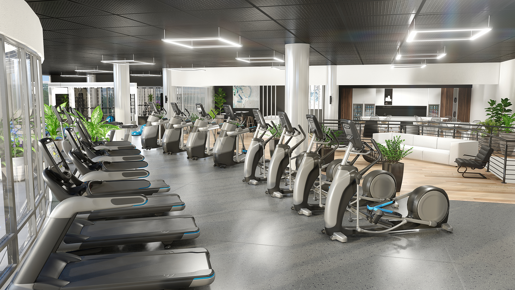 Photorealistic 3D visualization of a fitness center at Ovation