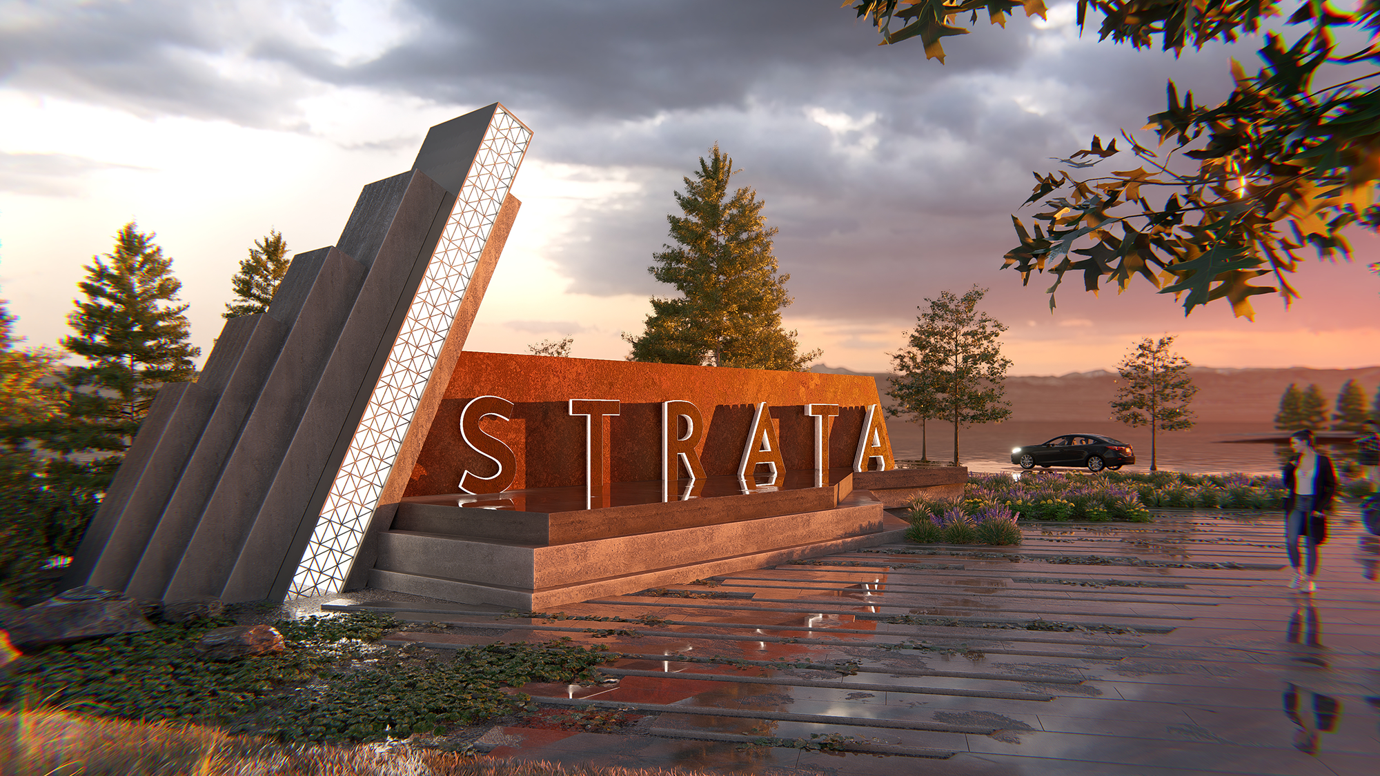 Photorealistic 3D entry monument rendering