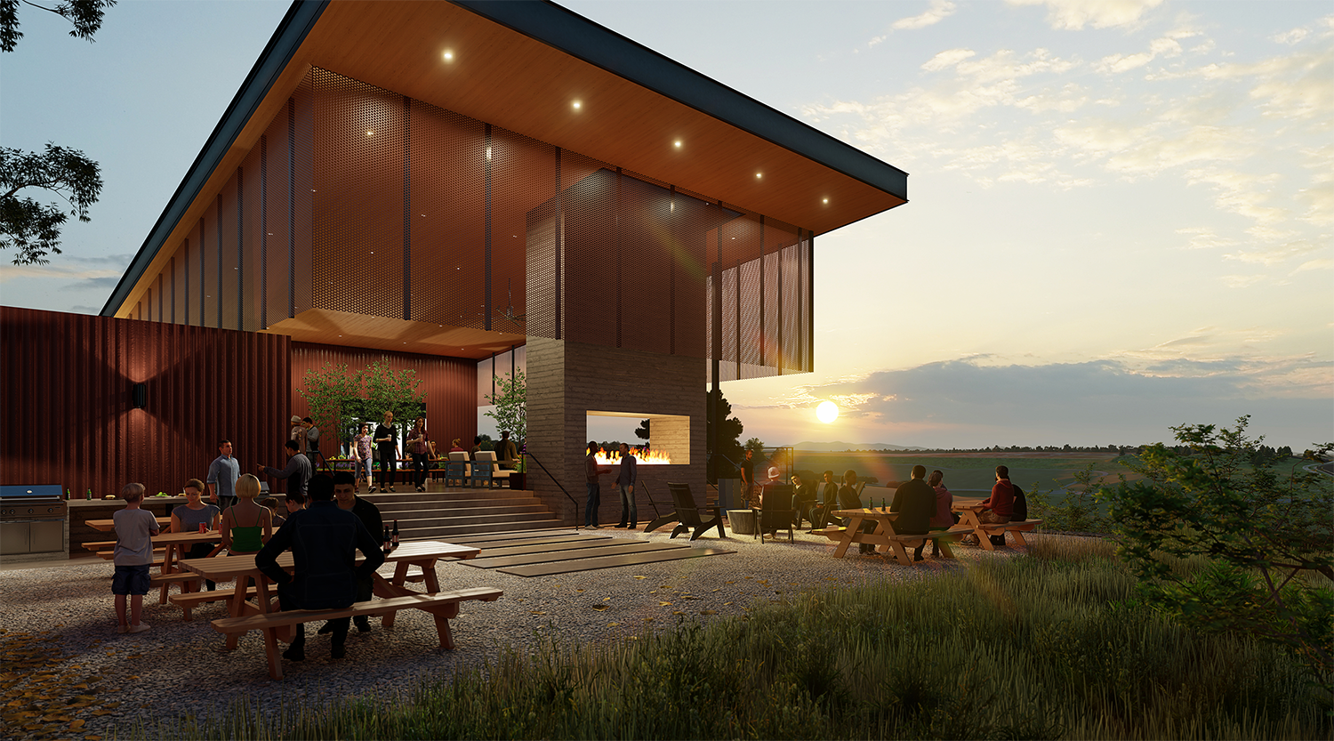 Photorealistic architectural rendering of the Spoke at Macanta, a master planned community in Castle Rock