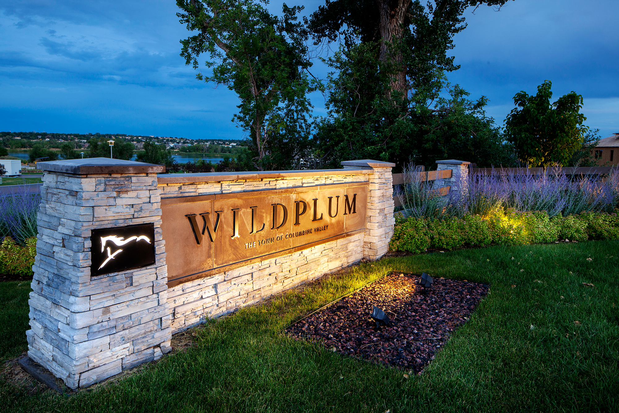 Entry monumentation at Wild Plum, a residential community in Columbine Valley