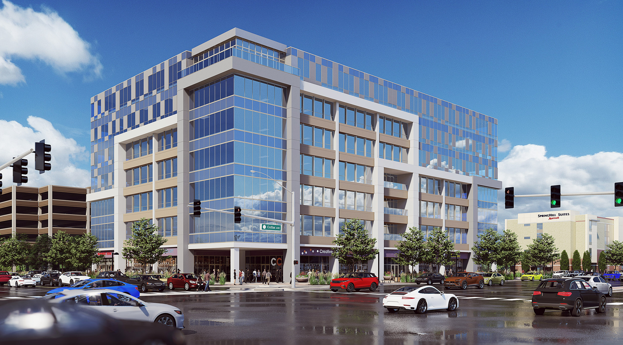 Photorealistic 3D architectural visualization of an office building at Fitzsimons