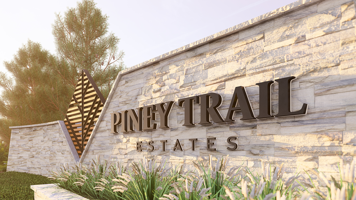 Photorealistic 3D rendering of Piney Trail Estates entry monumentation