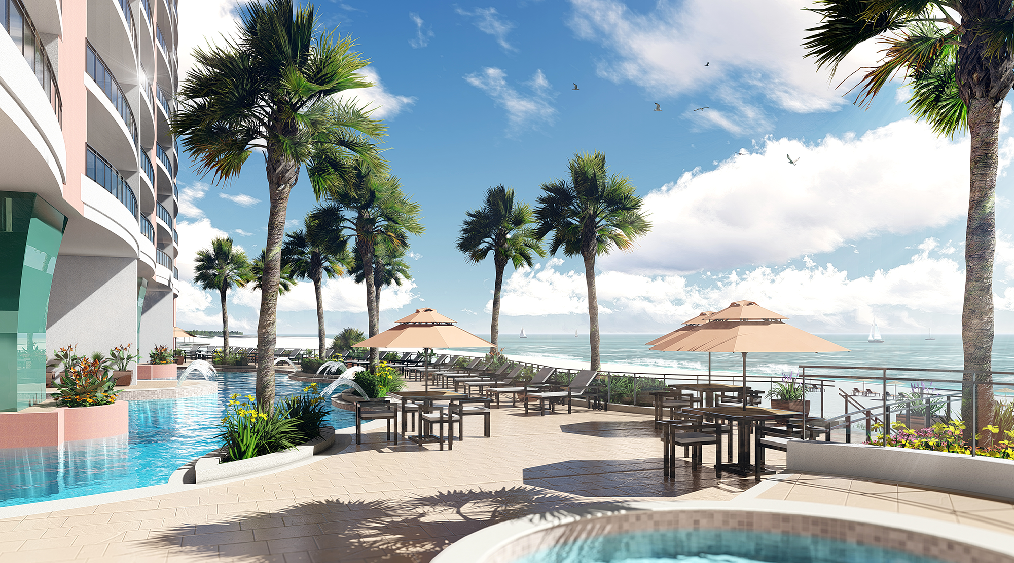 Photorealistic 3D architectural rendering of Kiva Beach pool