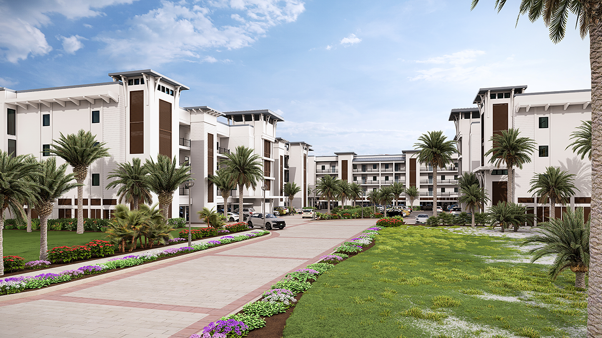 Photorealistic 3D architectural rendering of the entry at Abaco