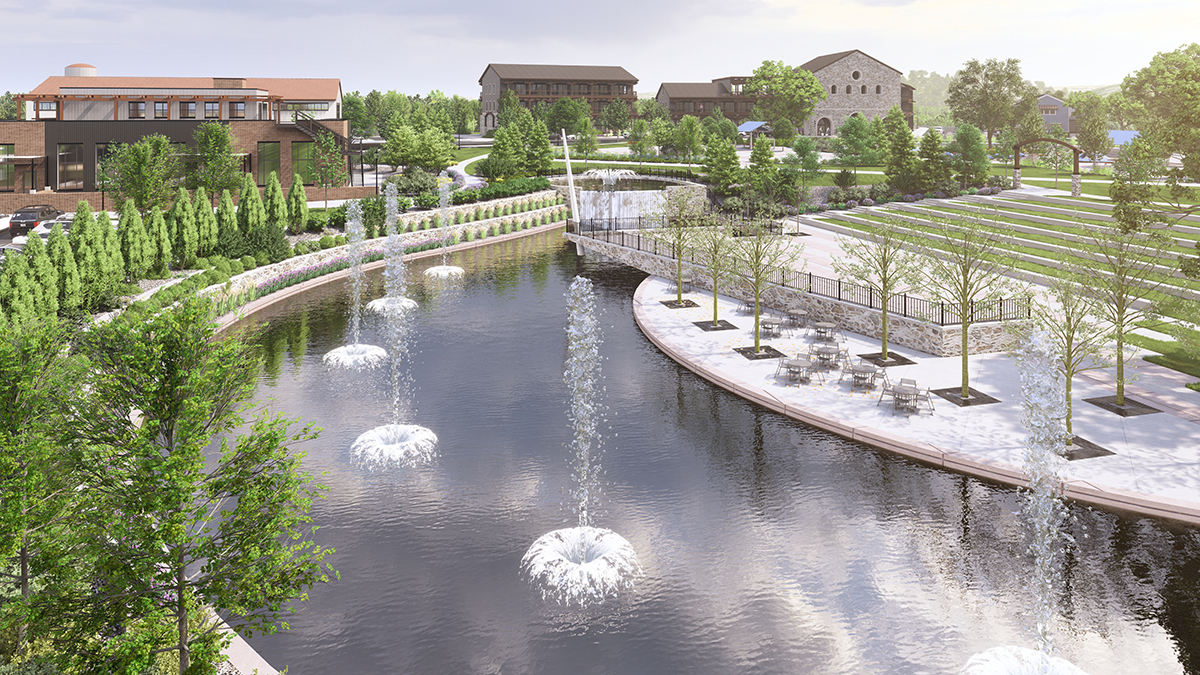 Photorealistic 3D architectural rendering of Kingsland Commons park, a mixed-use development in Kingsland, Texas