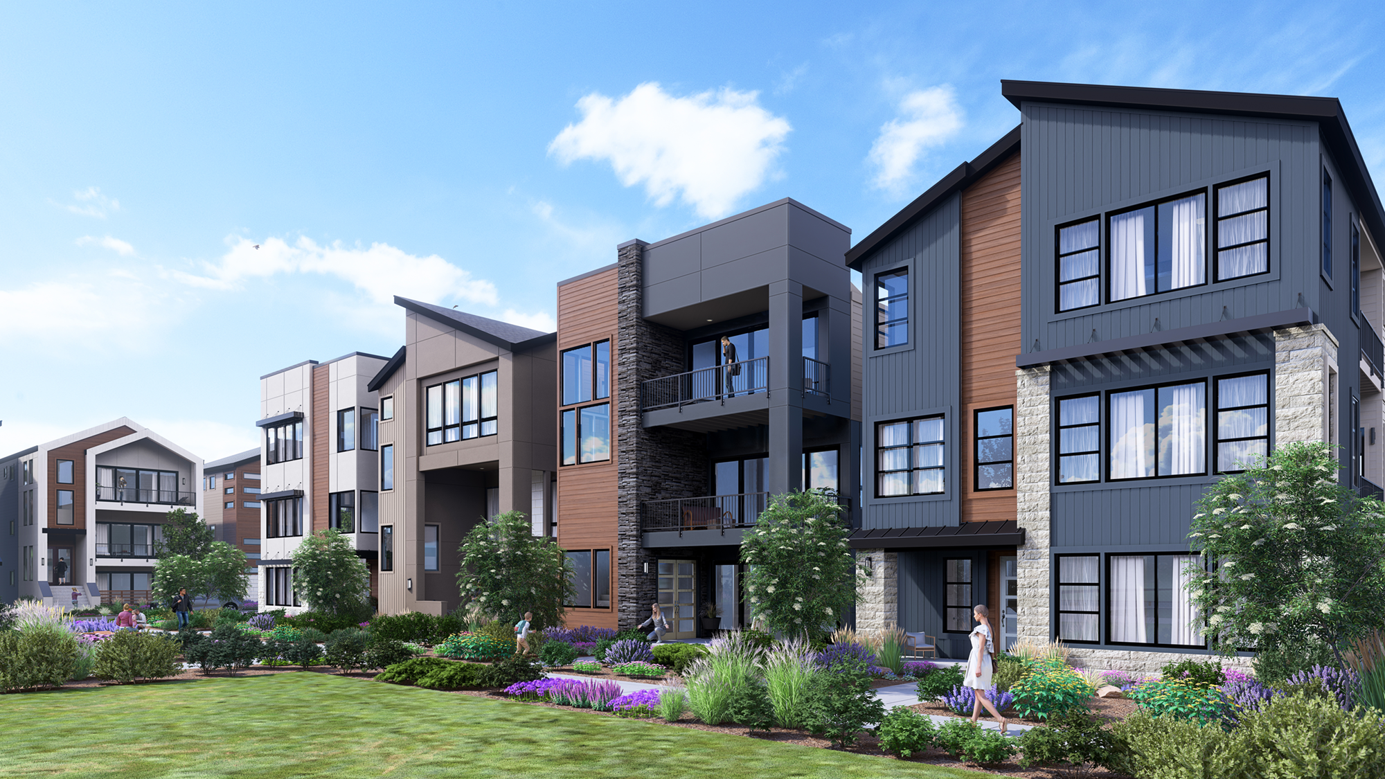 Photorealistic architectural visualization of home elevations at Baseline, a new home community in Broomfield
