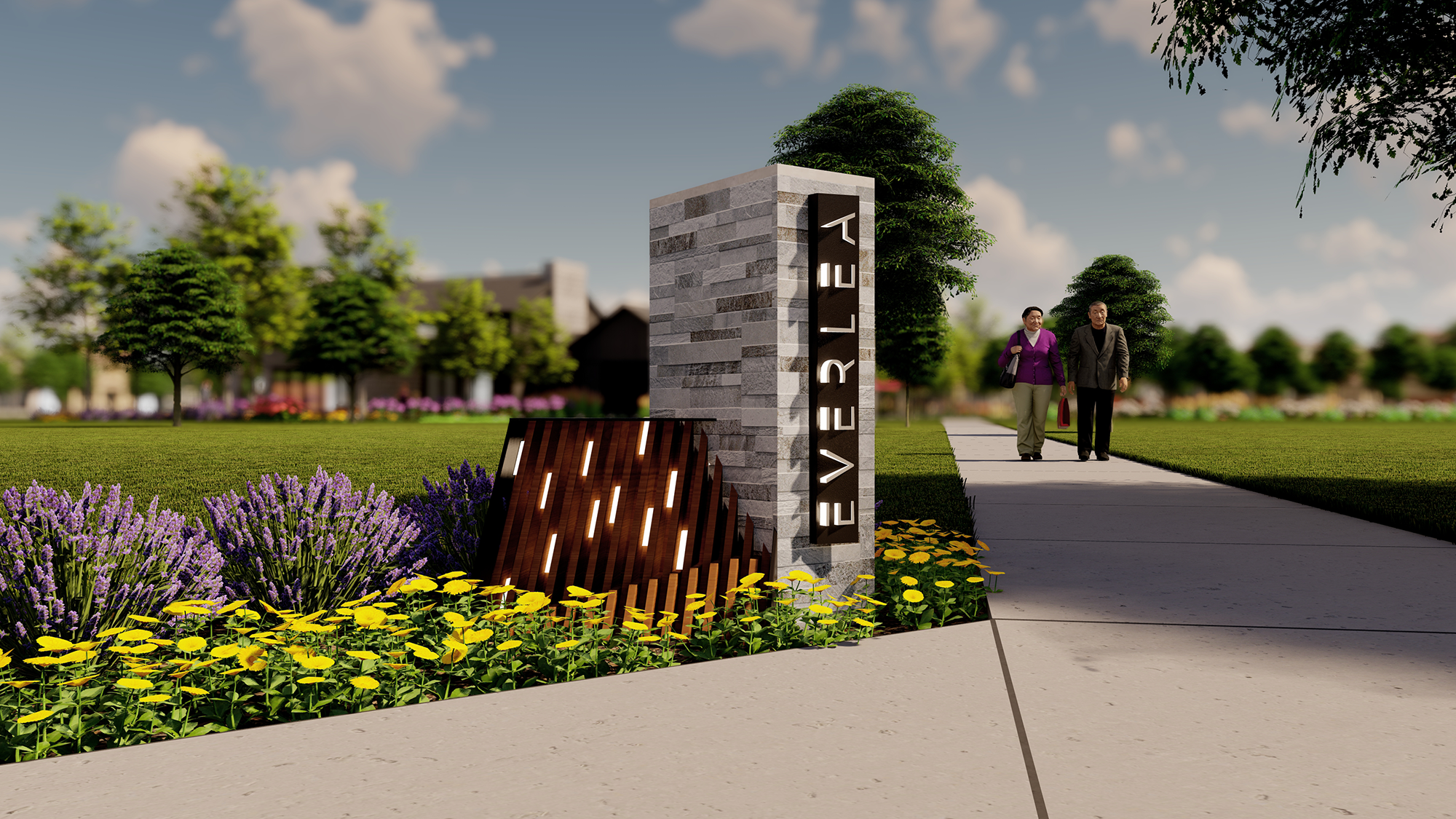 Photorealistic 3D park monument rendering