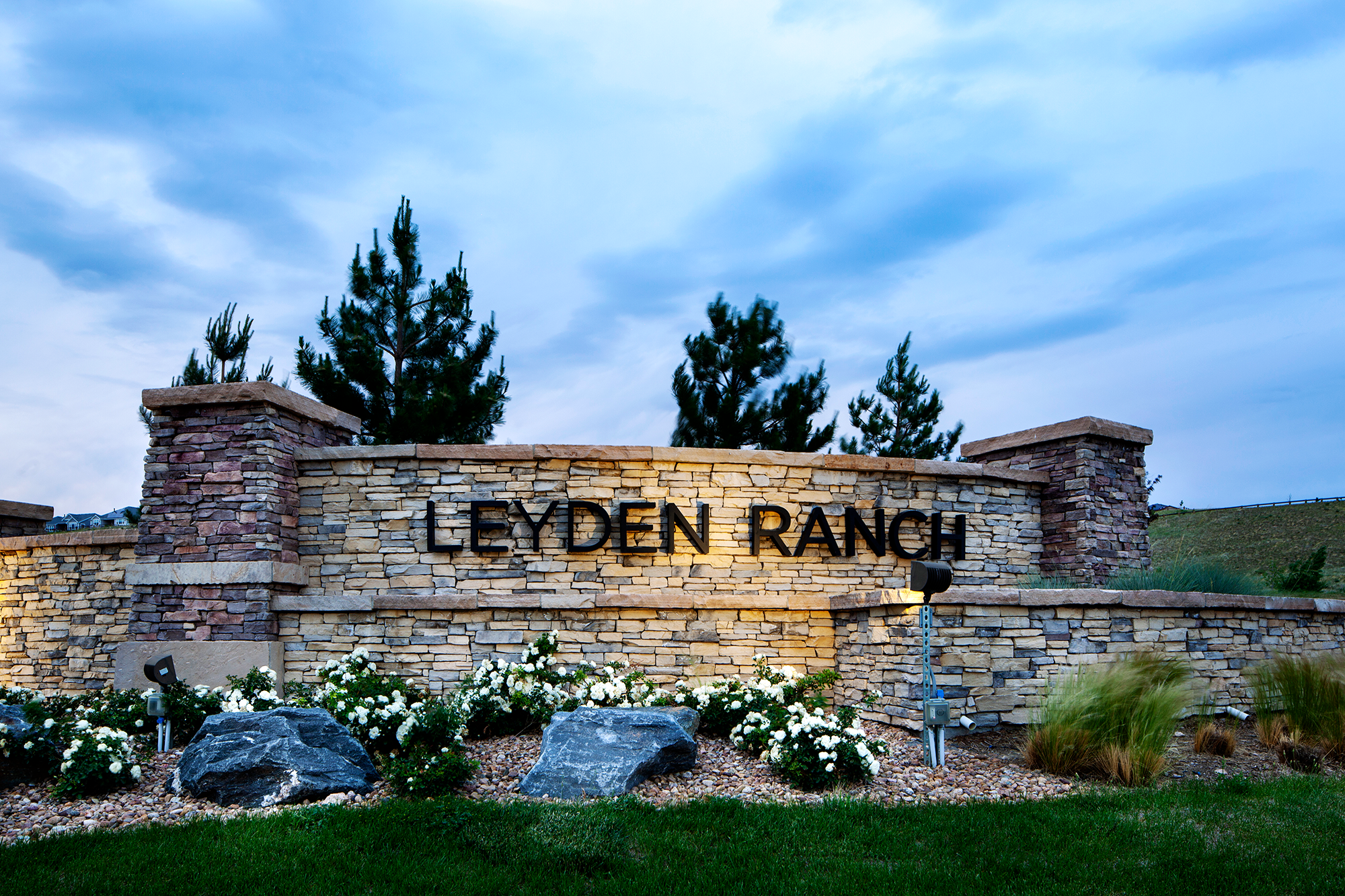 Entry monumentation at Leyden Ranch, a residential community in Arvada, Colorado 