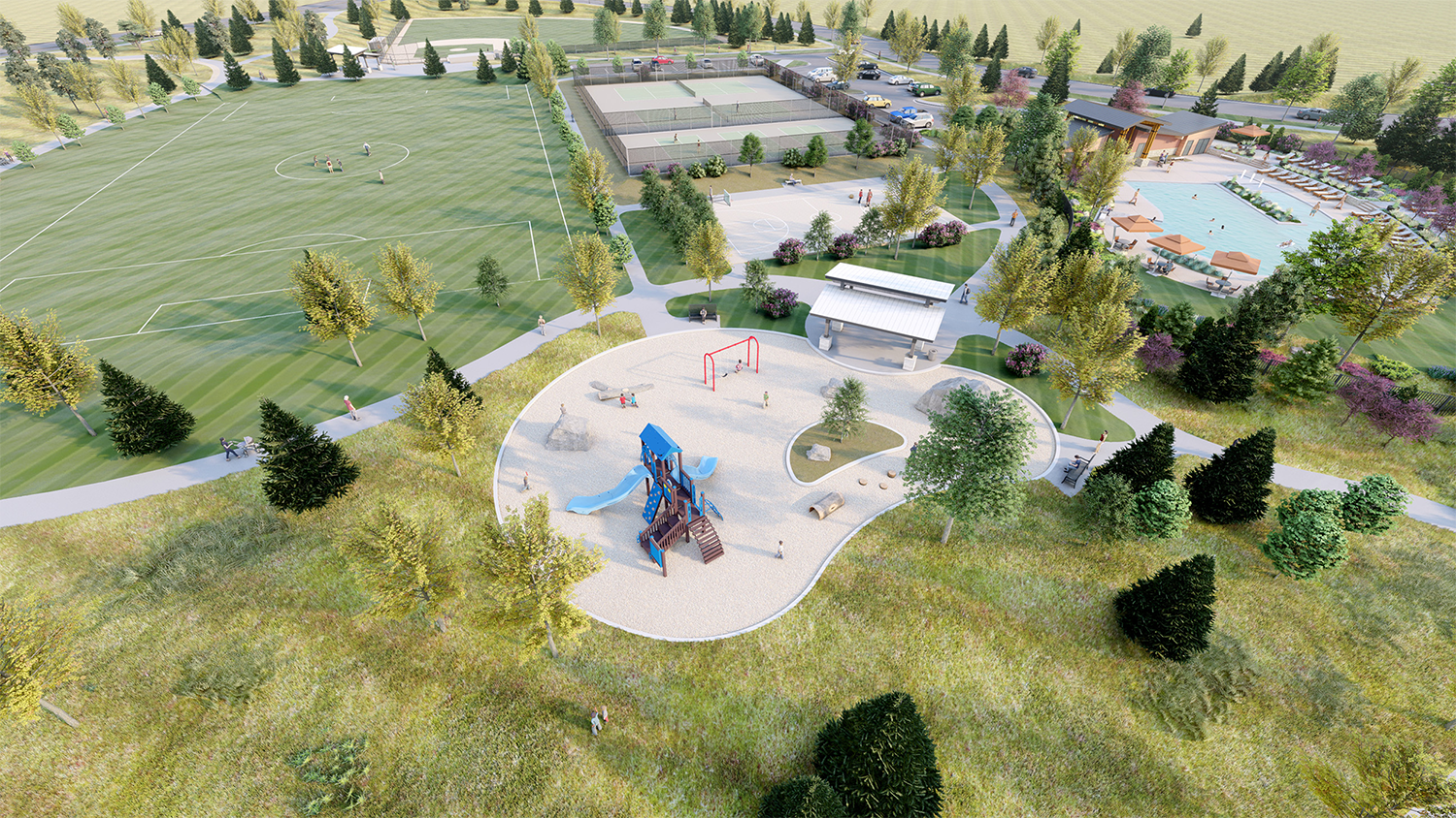 3D architectural rendering of community pool at Trails at Crowfoot in Parker, Colorado