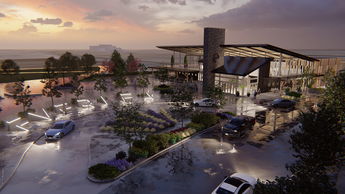 Photorealistic architectural rendering of an event center in the evening