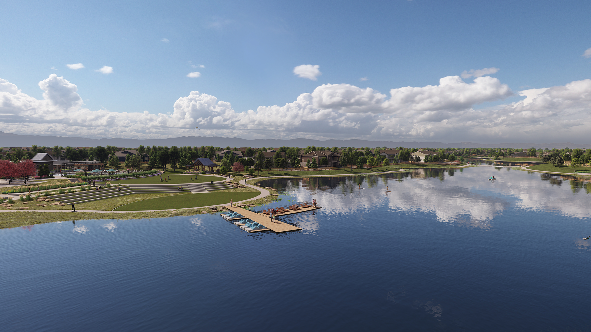 Photorealistic community perspective rendering of Timnath Lakes, a master planned community in Timnath, Colorado