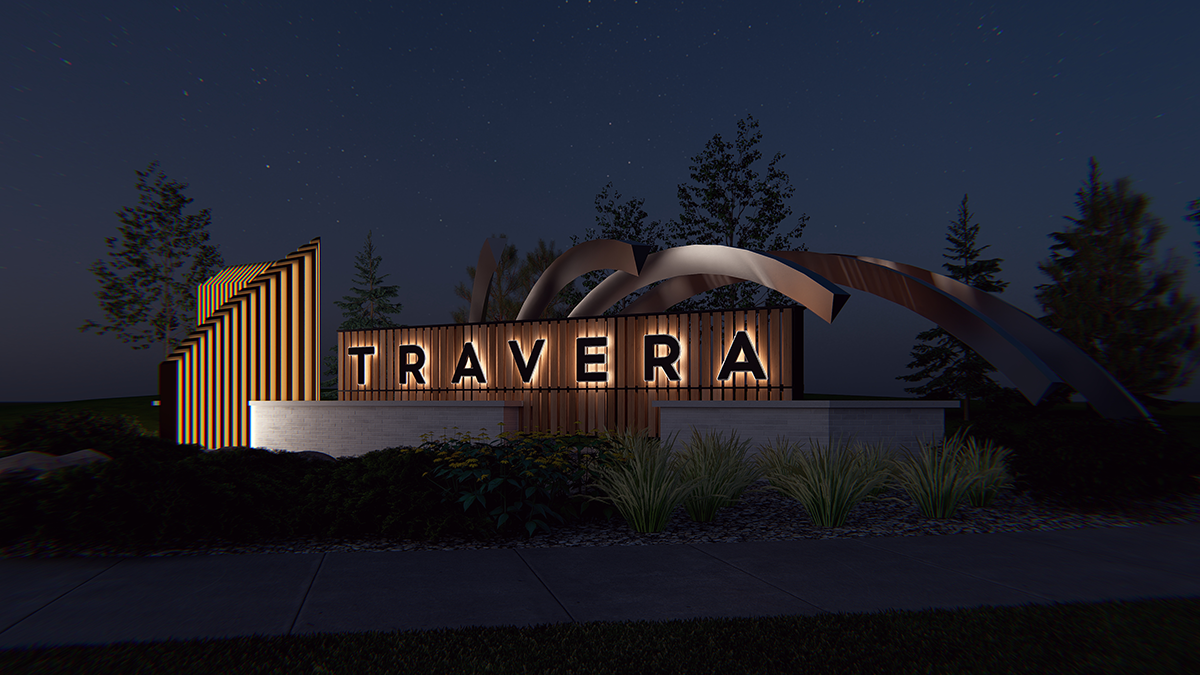 Photorealistic 3D rendering of Travera entry monumentation