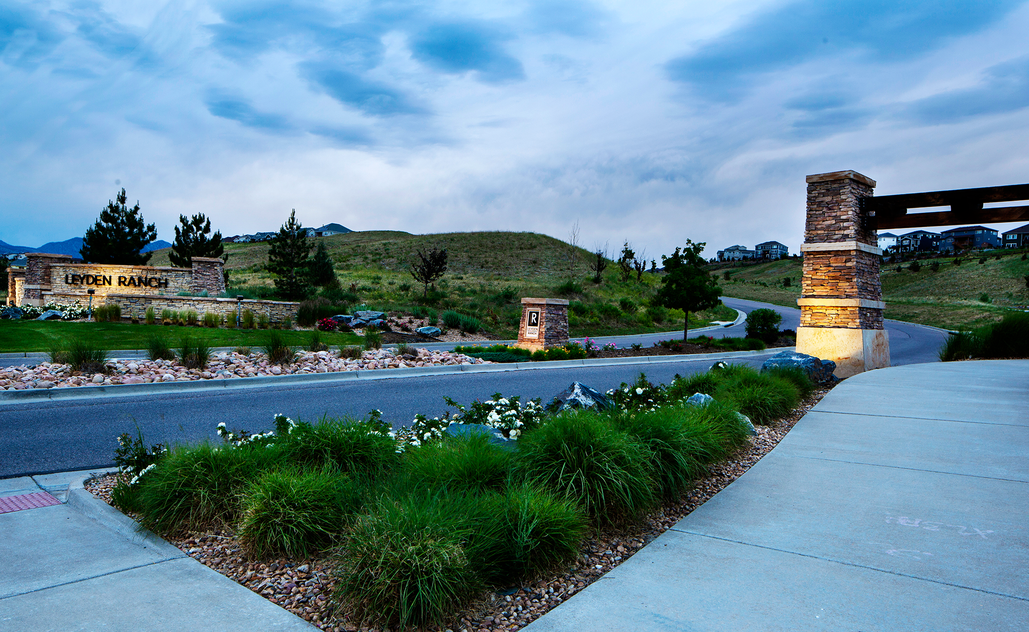Entry monumentation at Leyden Ranch, a residential community in Arvada, Colorado 