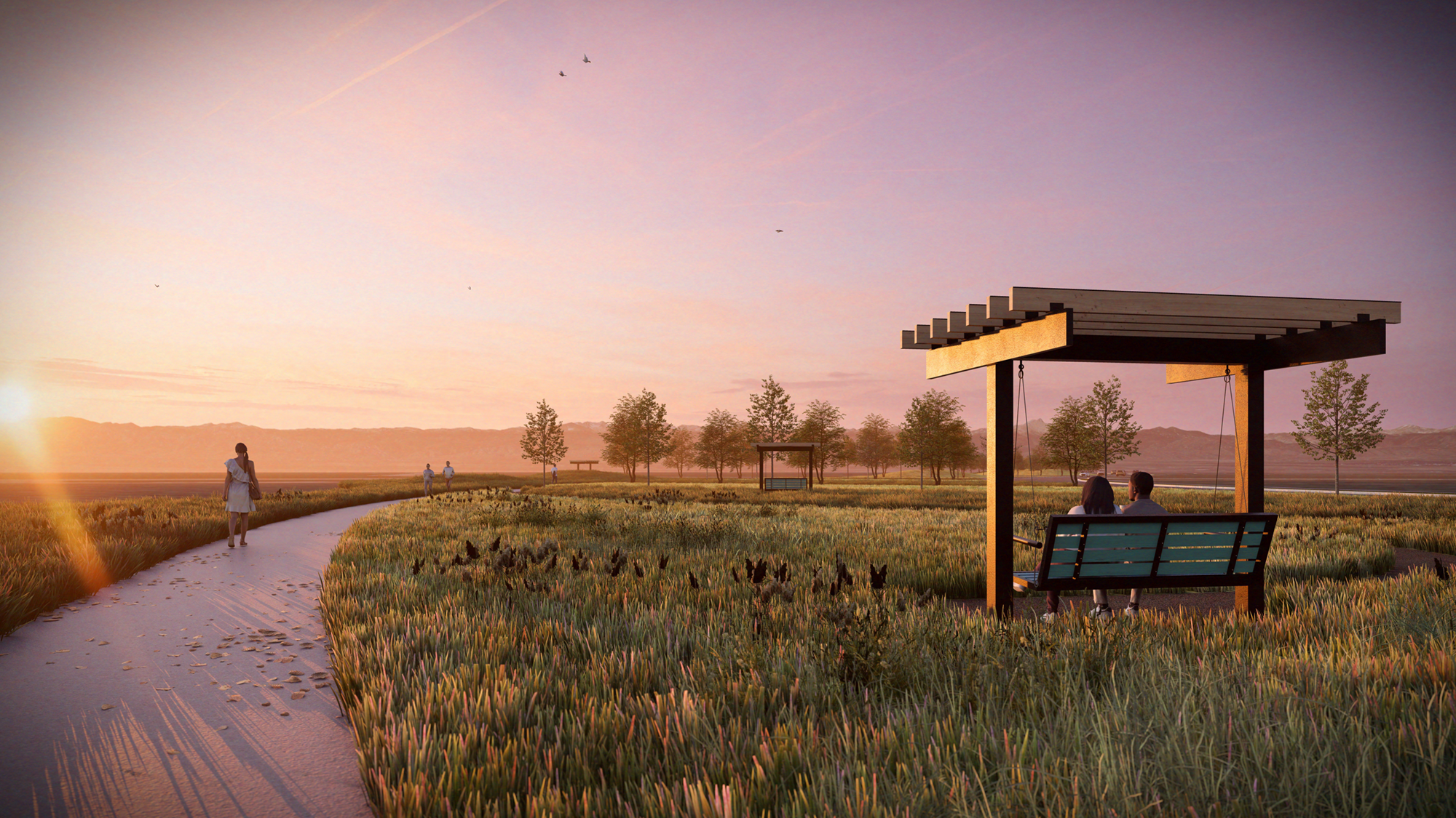 Photorealistic 3D rendering of Strata, a mixed-use development in Dacono, Colorado