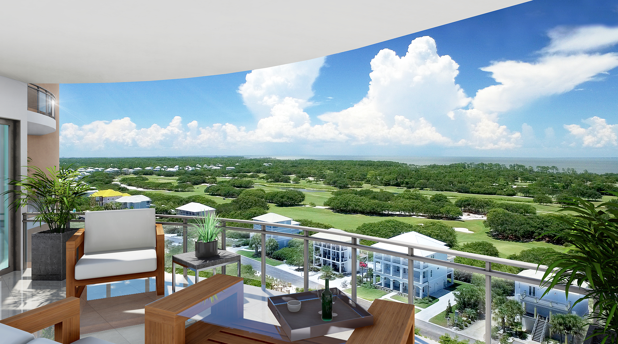 Photorealistic 3D architectural rendering of Kiva Beach condo balcony