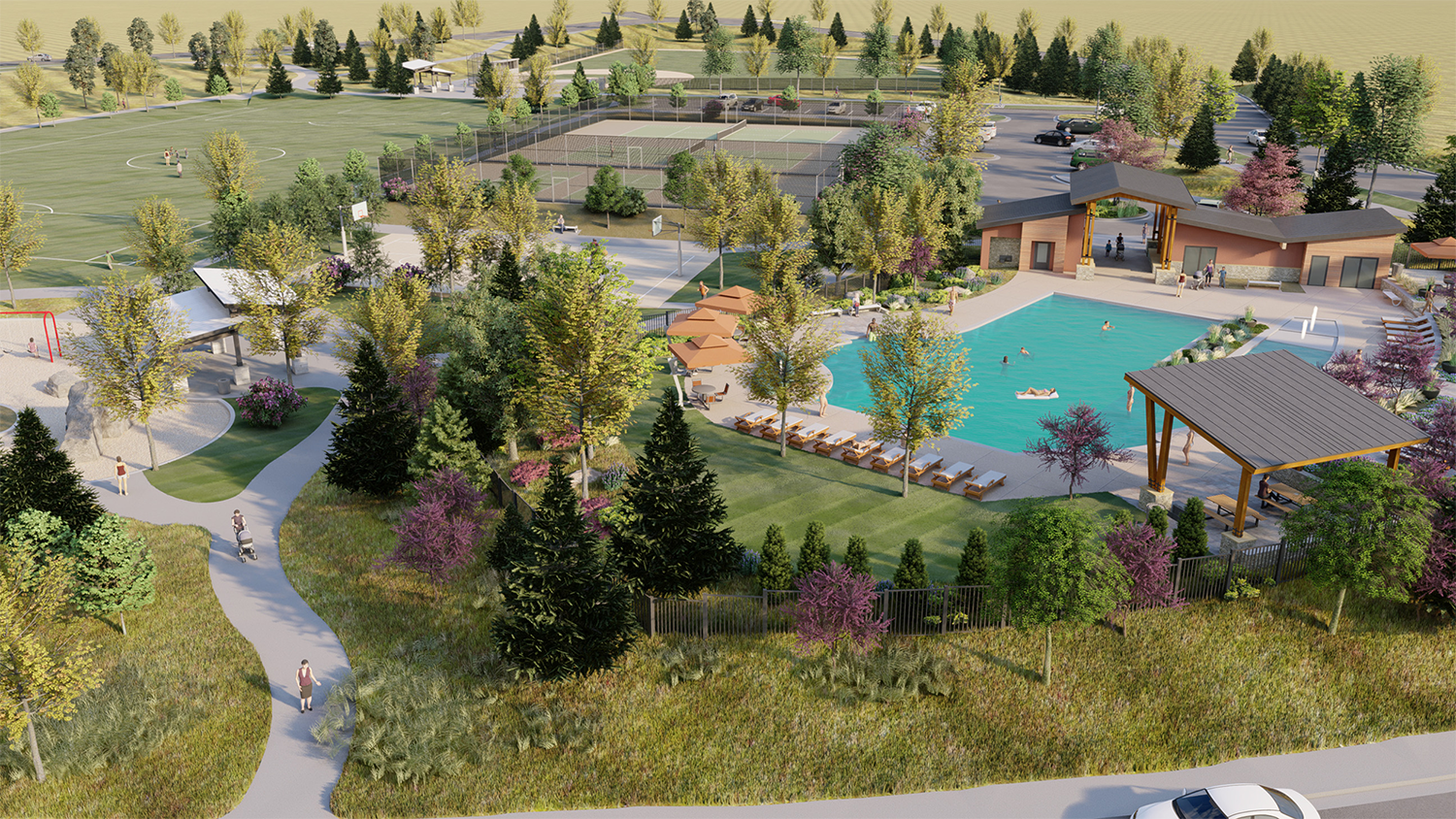 3D architectural rendering of community pool at Trails at Crowfoot in Parker, Colorado