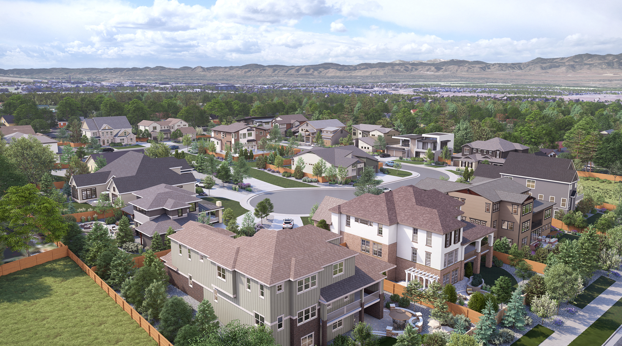 Photorealistic bird's eye view rendering of a residential community