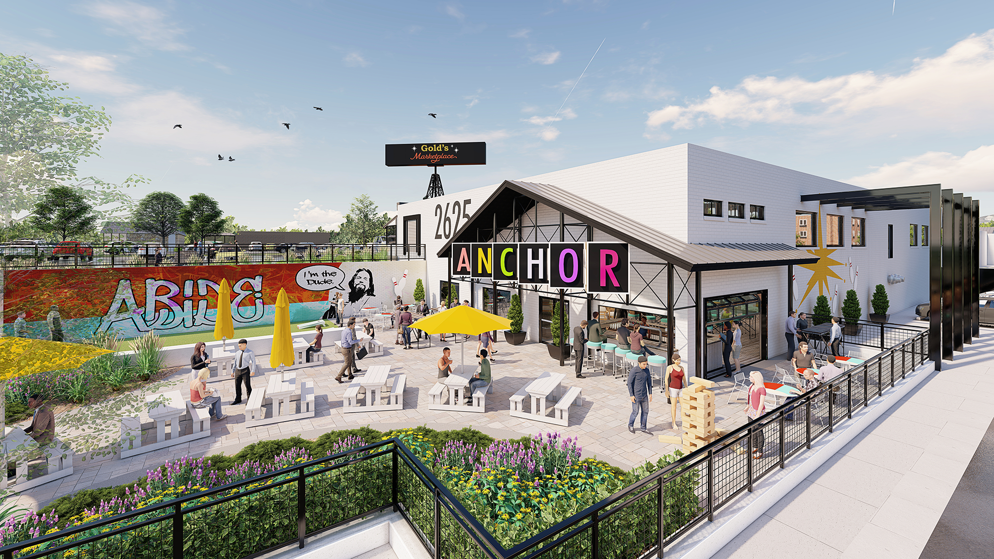 Photorealistic 3D architectural visualization of Gold's Marketplace