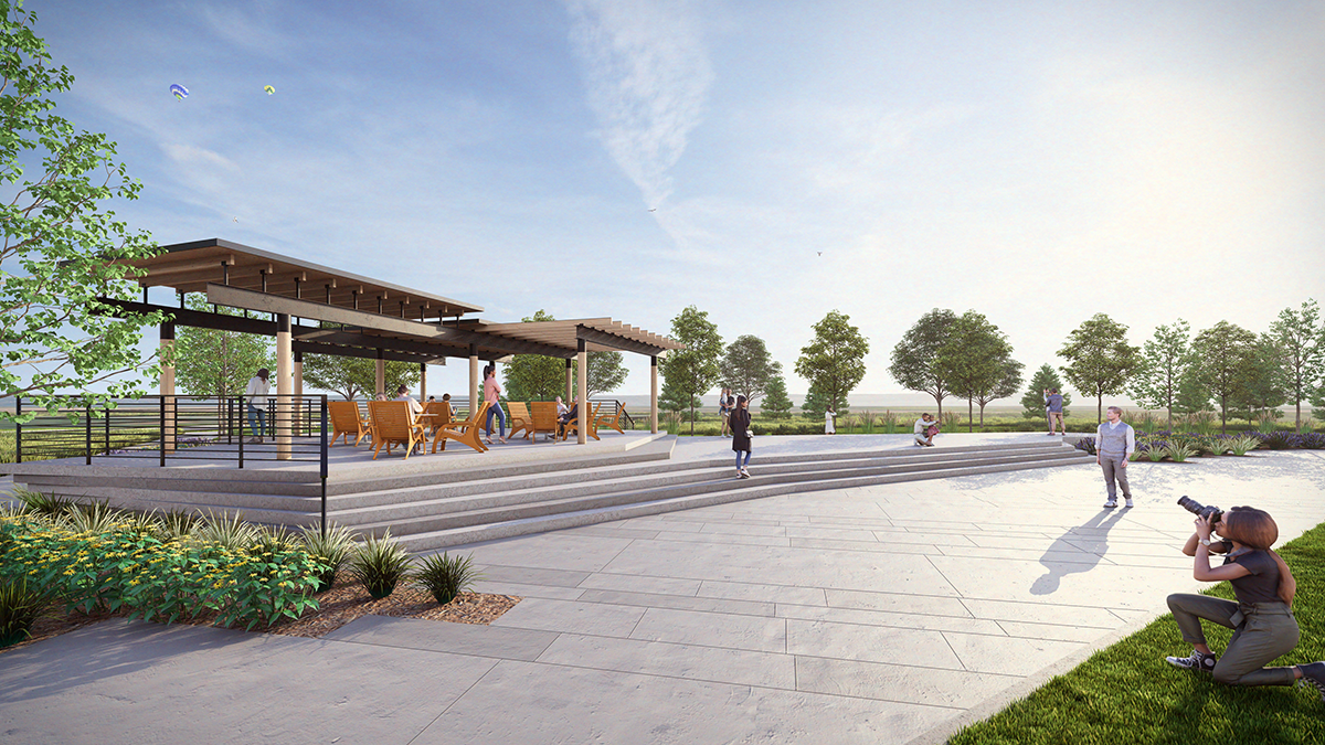 Photorealistic 3D rendering of Strata, a mixed-use development in Dacono, Colorado