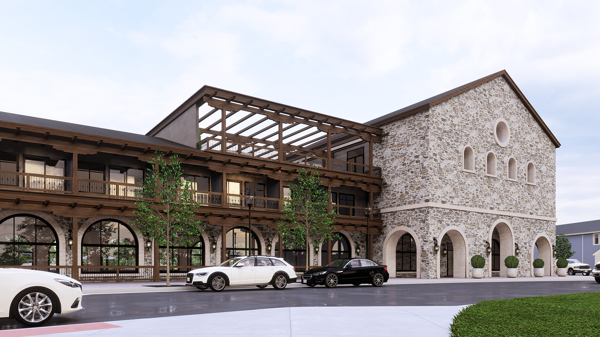 Photorealistic 3D architectural rendering of a hotel at Kingsland Commons, a mixed-use development in Kingsland, Texas