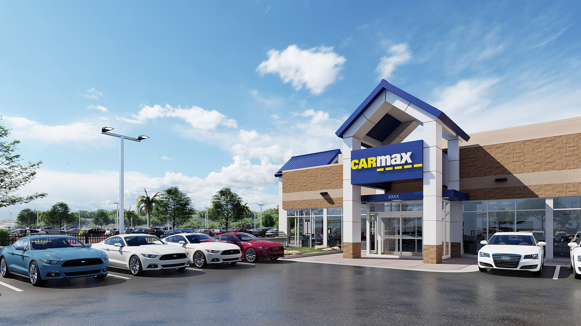 Photorealistic 3D architectural visualization of a Carmax