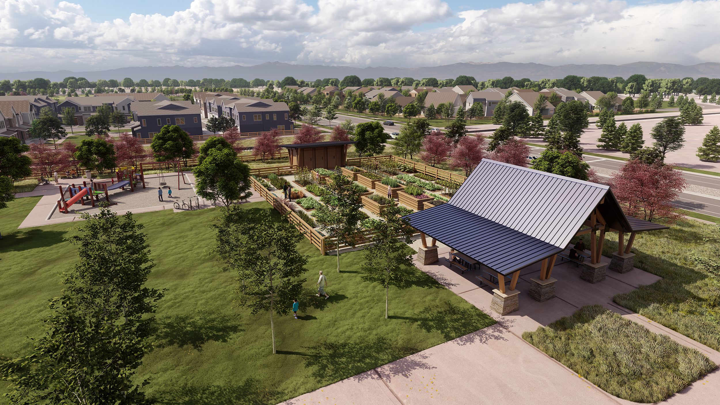 Photorealistic community perspective rendering of Timnath Lakes, a master planned community in Timnath, Colorado