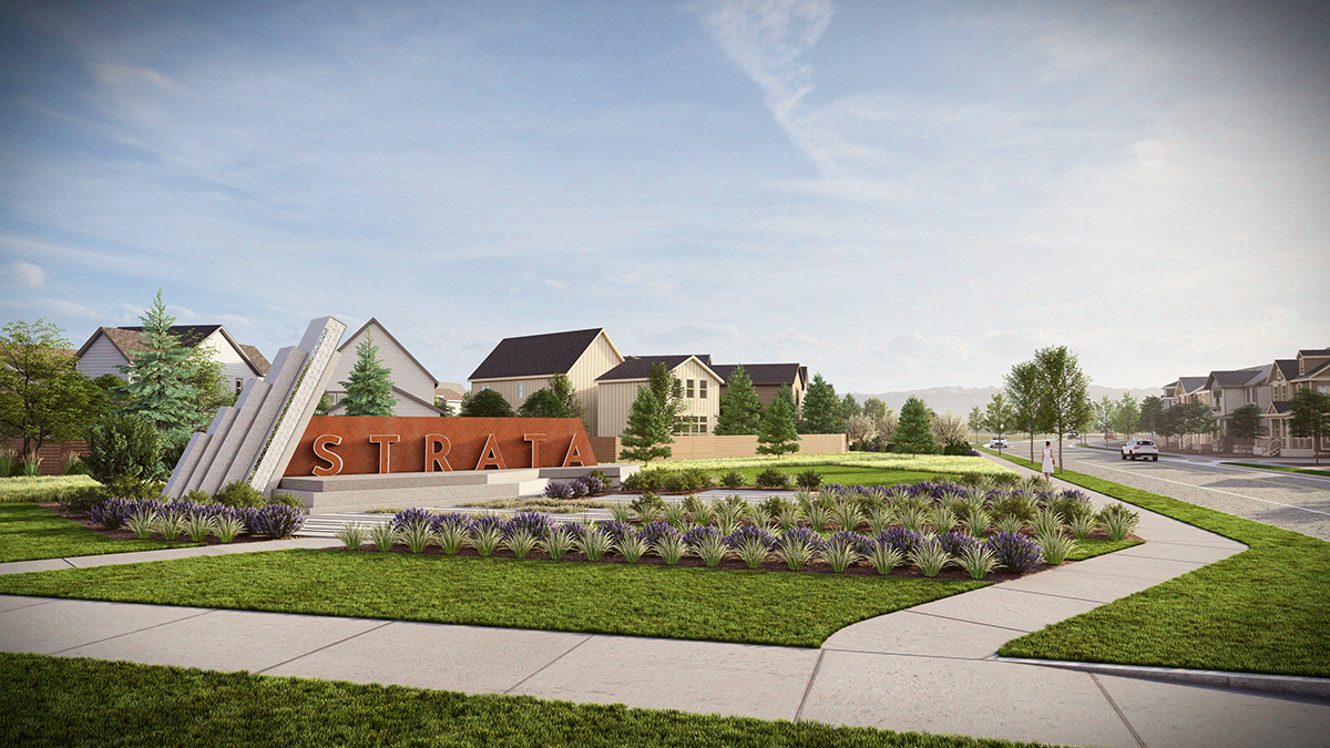 Photorealistic 3D rendering of the primary entry monument at Strata