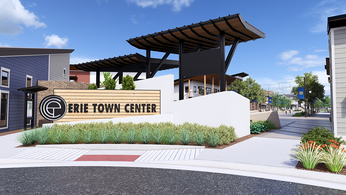Photorealistic 3D visualization of plaza entry at Erie Town Center, a mixed-use development in Erie, Colorado