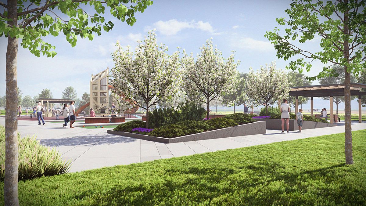 Photorealistic 3D rendering of Strata, a mixed-use development in Dacono, Colorado