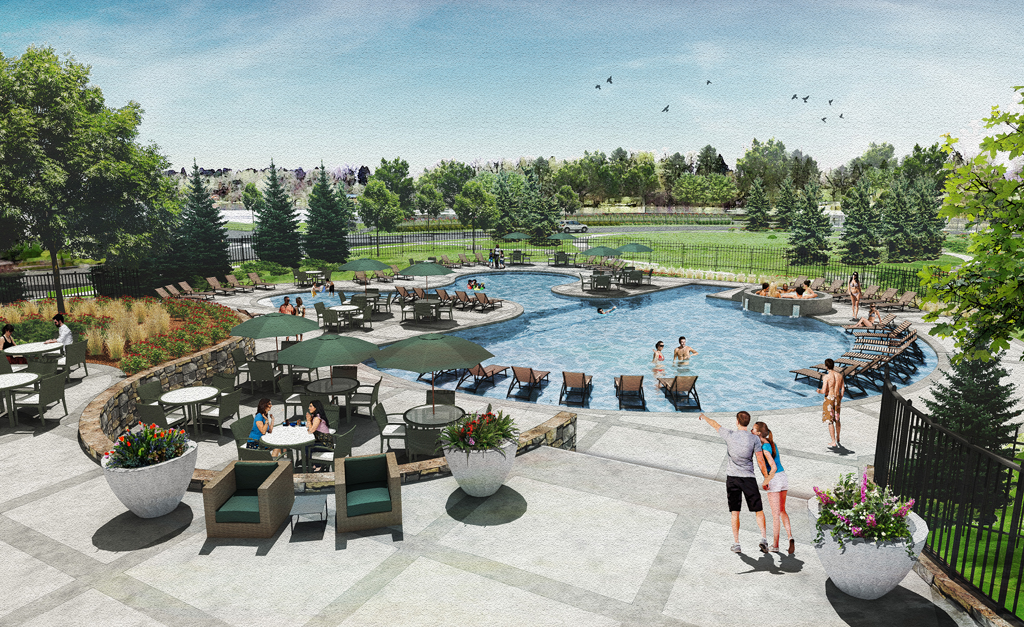 3D architectural rendering of the community center at Green Gables in Lakewood, Colorado