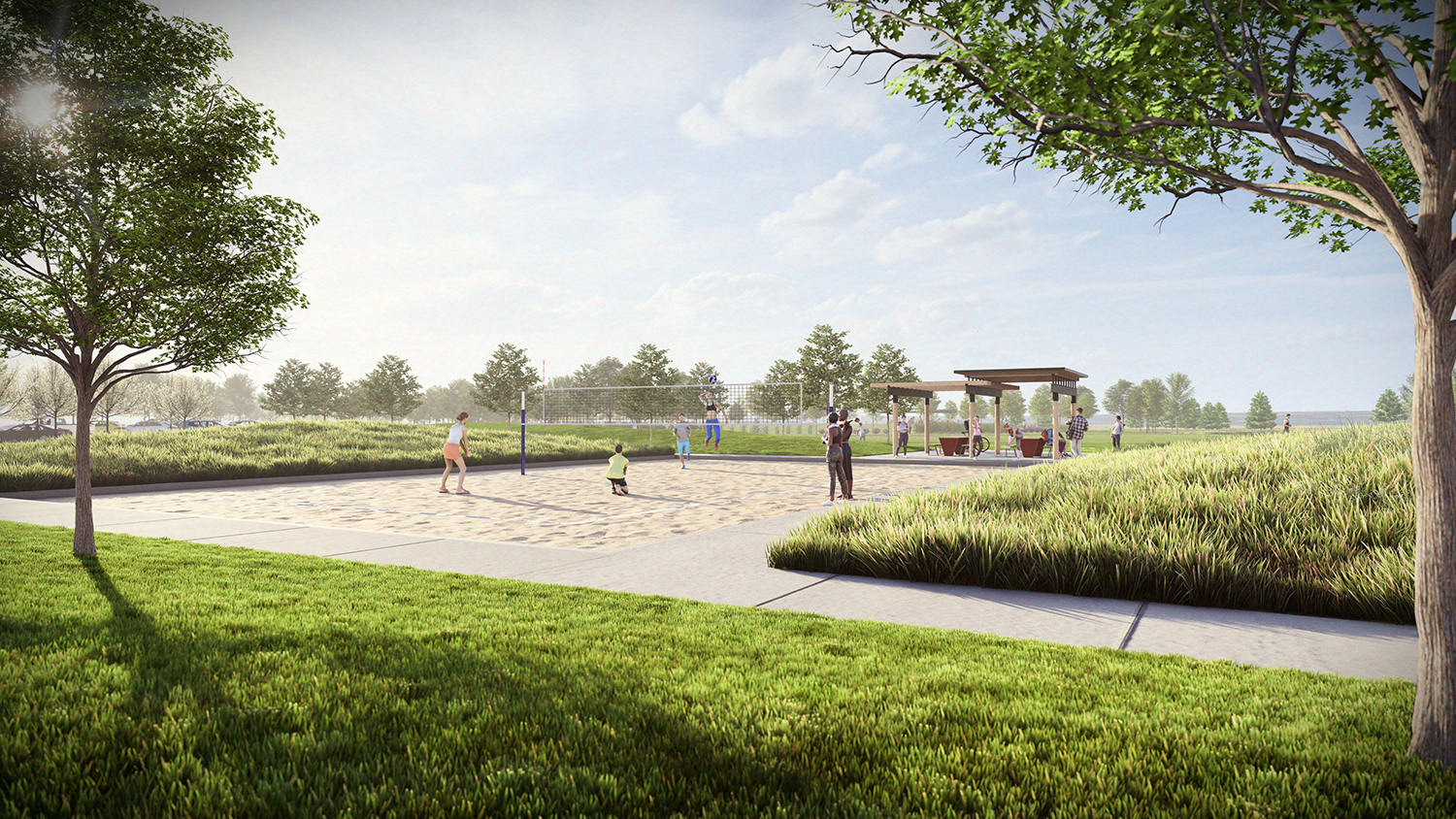 Photorealistic 3D rendering of Strata, a mixed-use development in Dacono, Colorado