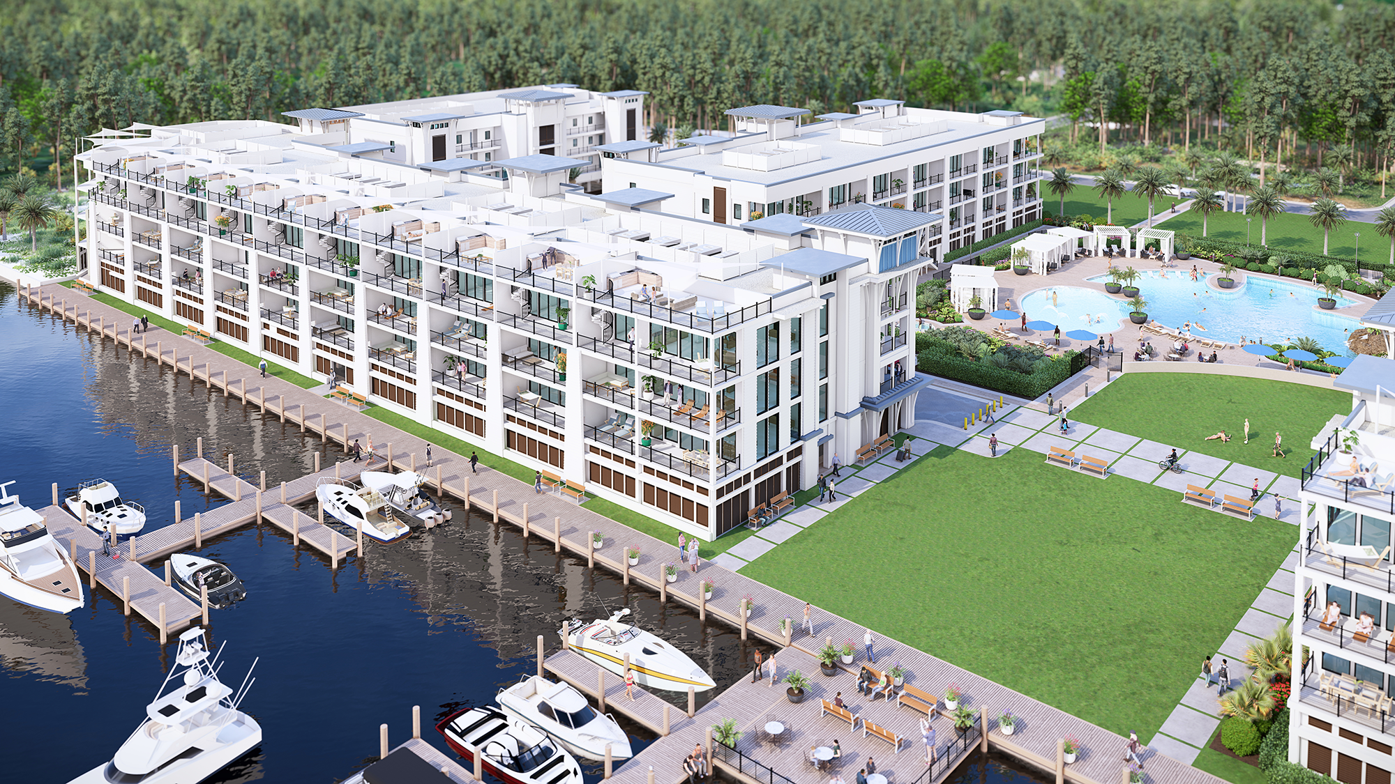 Photorealistic 3D architectural rendering of the docks at Abaco