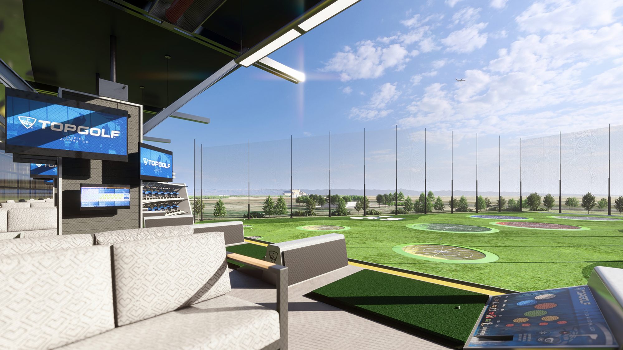 Photorealistic 3D architectural rendering of Top Golf