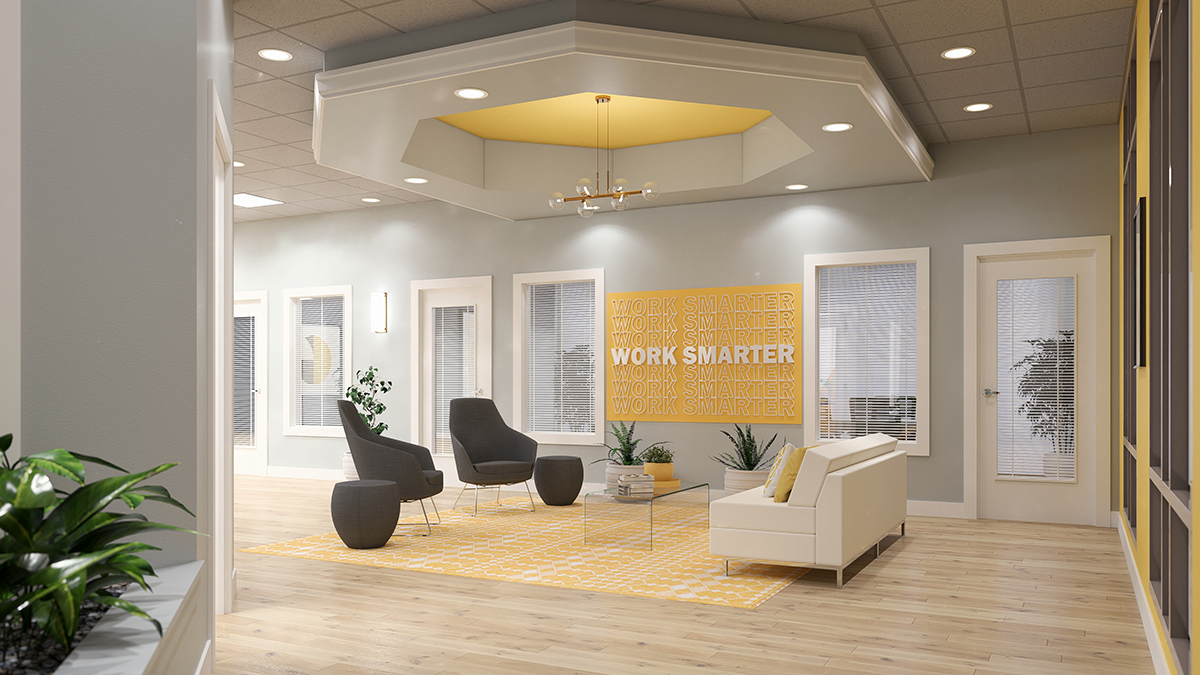 Photorealistic 3D interior rendering of Roswell office lobby