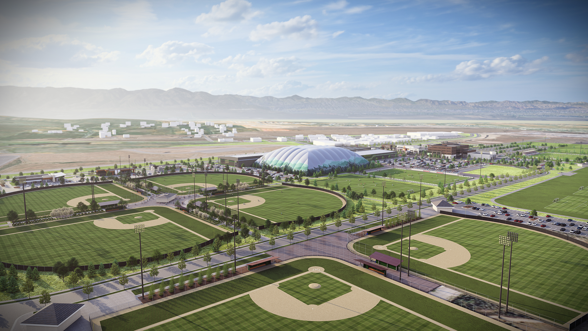 Photorealistic 3D architectural visualization of Zebulon Regional Sports Complex