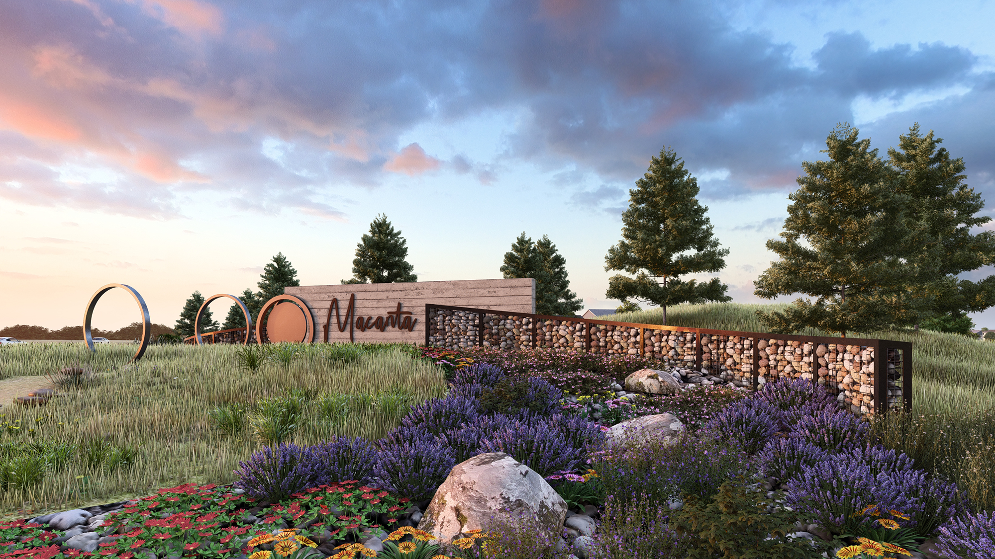 Photorealistic 3D rendering of the entry monumentation at Macanta, a master planned community in Castle Rock