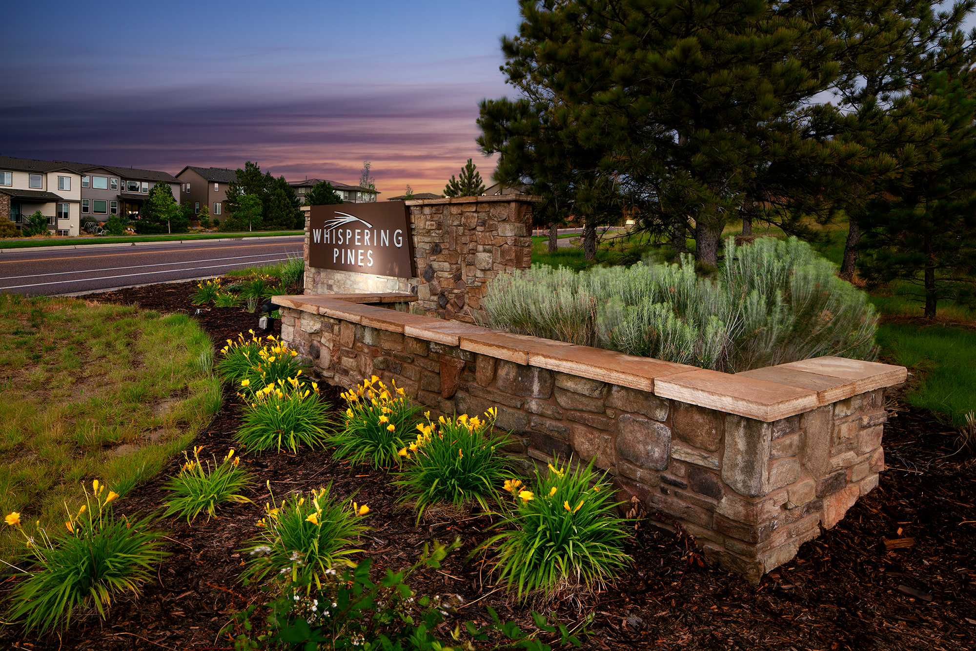 Residential monumentation at Whispering Pines, a master planned community in Aurora, Colorado