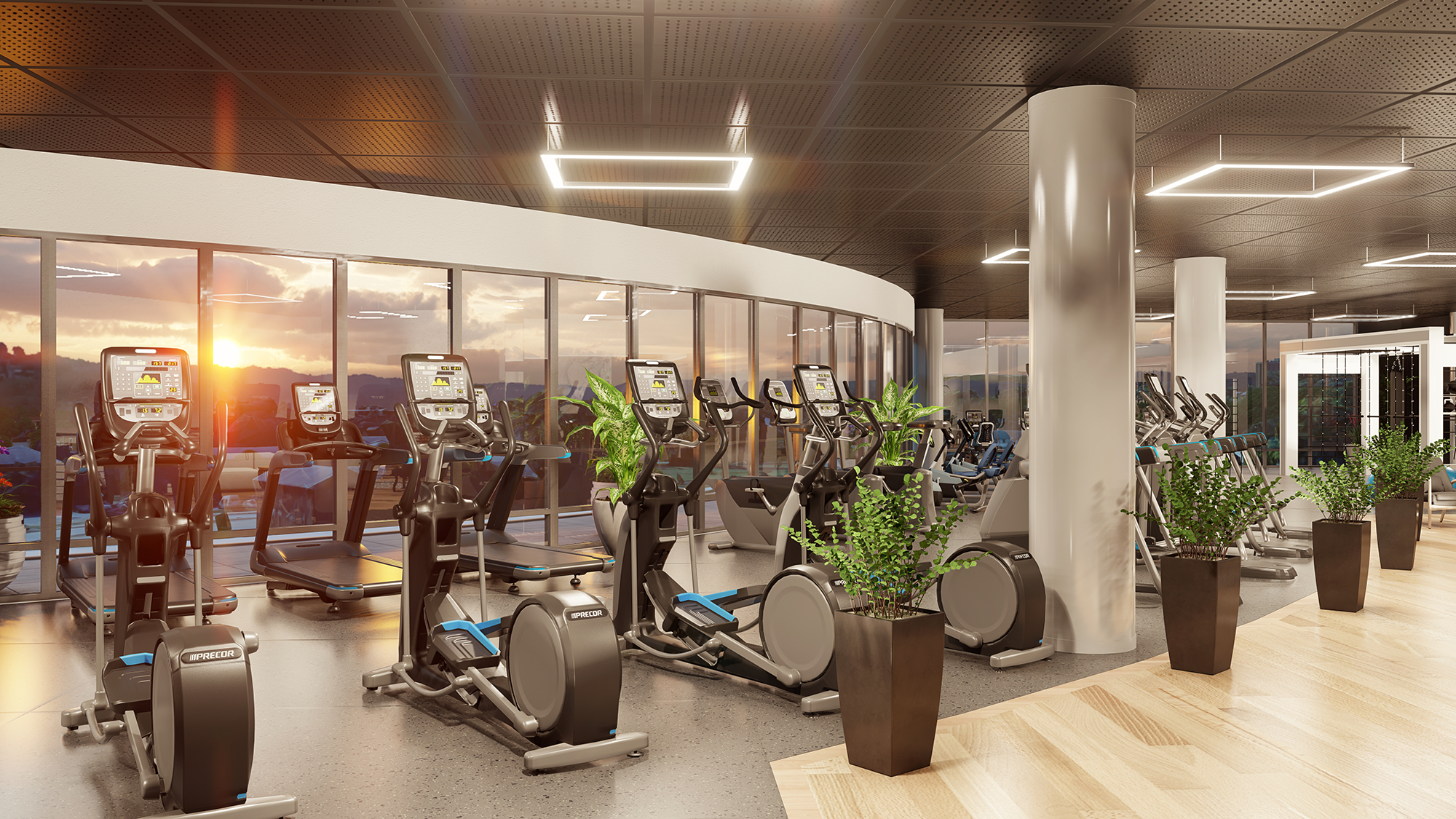Photorealistic 3D architectural visualization of a fitness center at Ovation