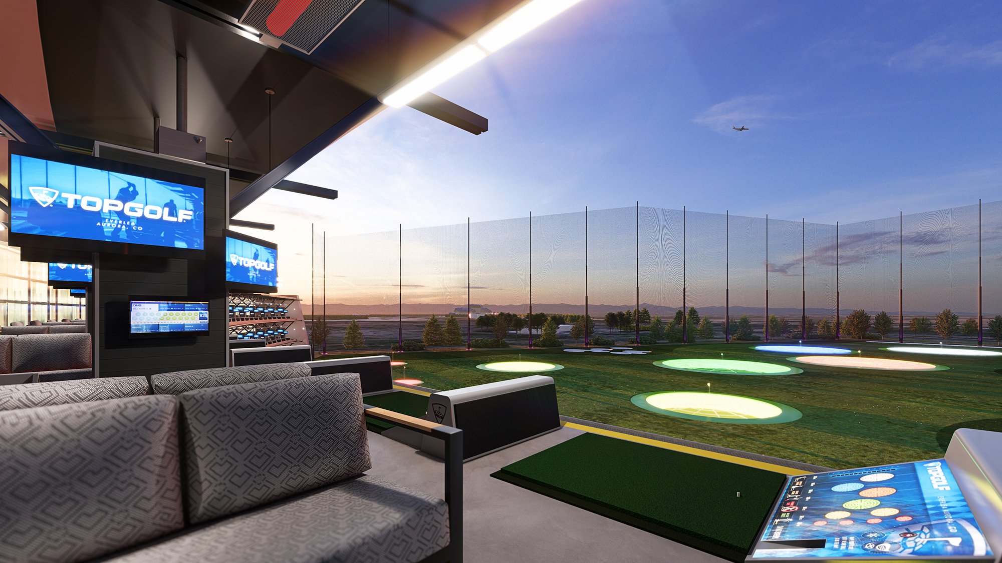 Photorealistic 3D architectural rendering of Top Golf