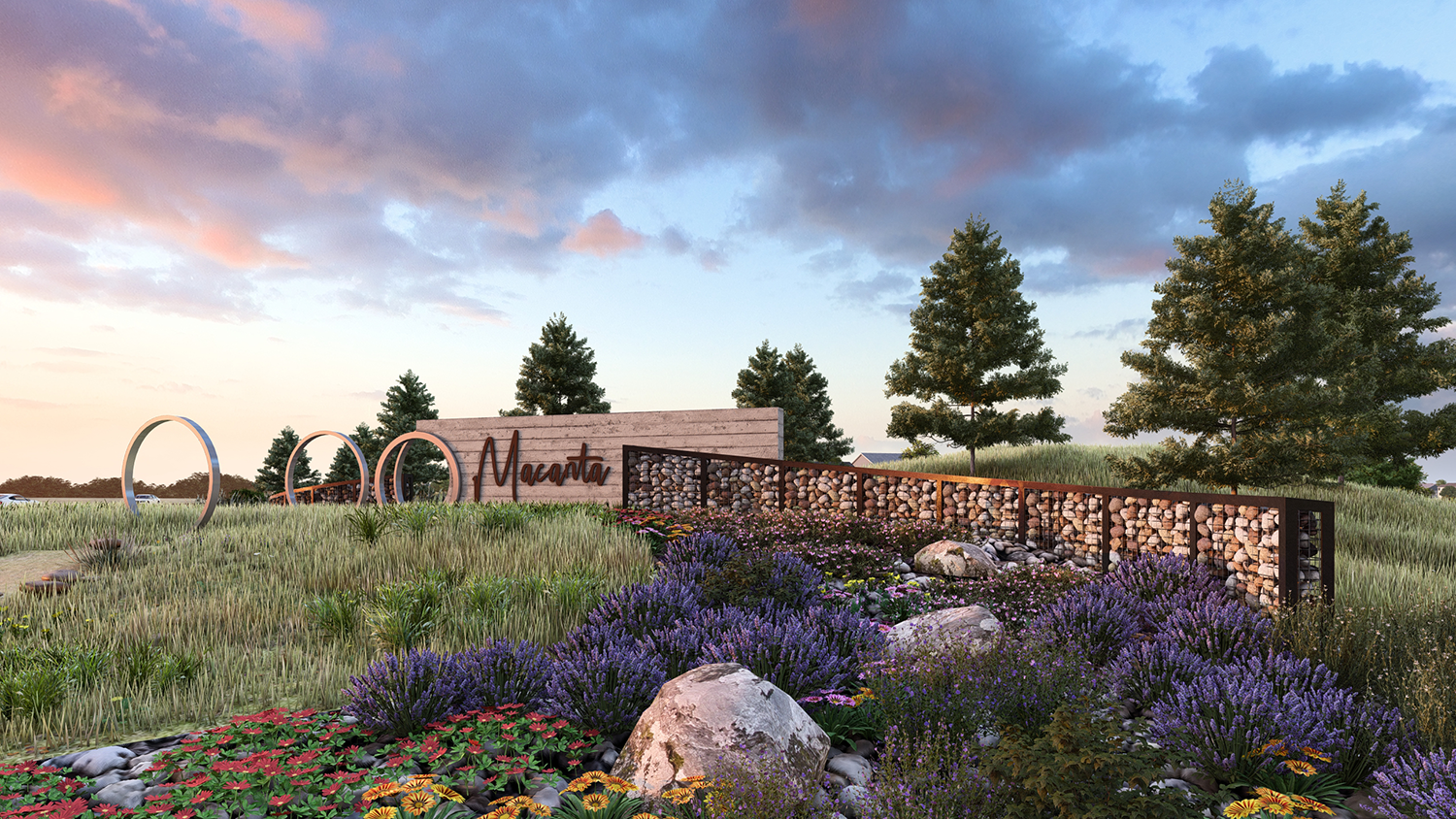 Photorealistic 3D rendering of entry monument at Macanta, a master planned community in Castle Rock