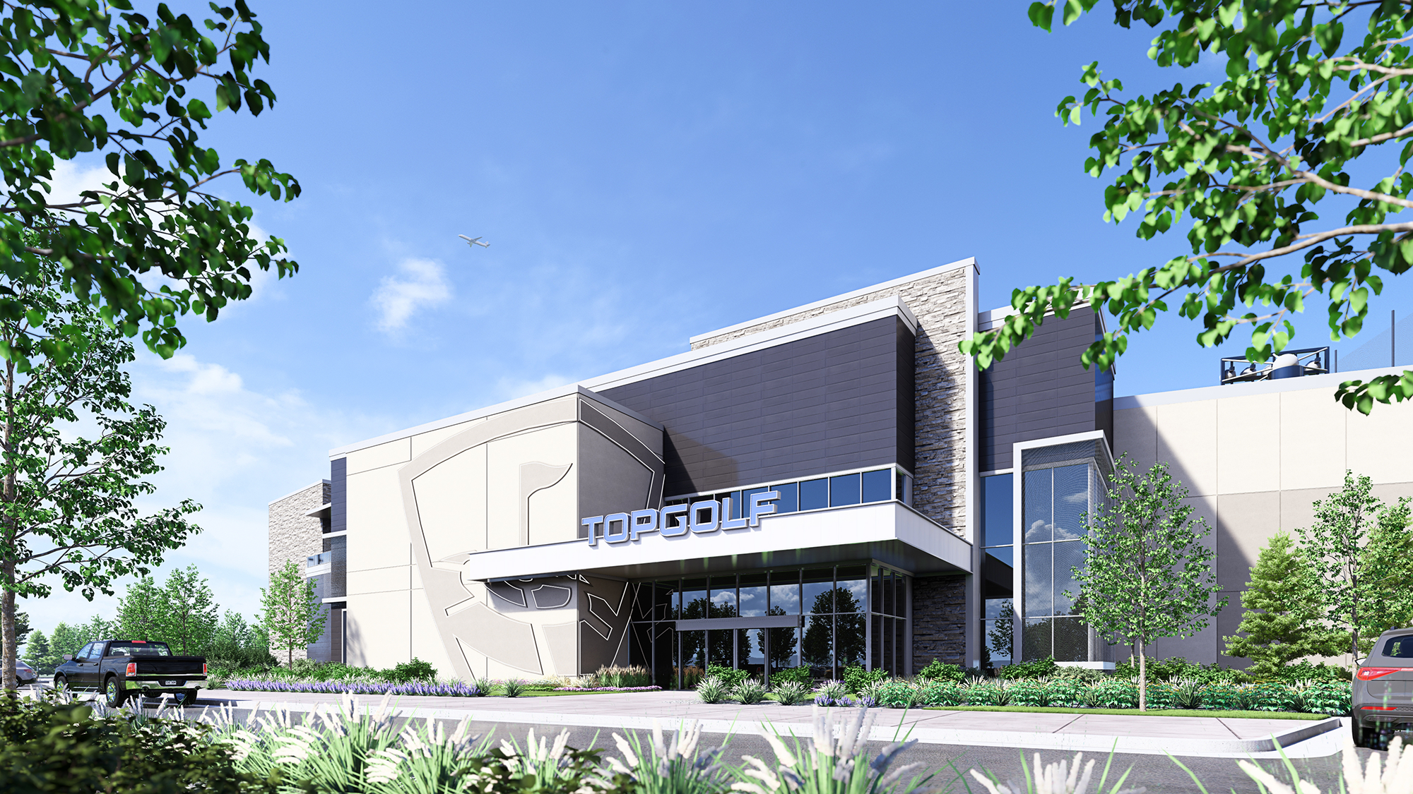 Photorealistic 3D architectural rendering of Top Golf