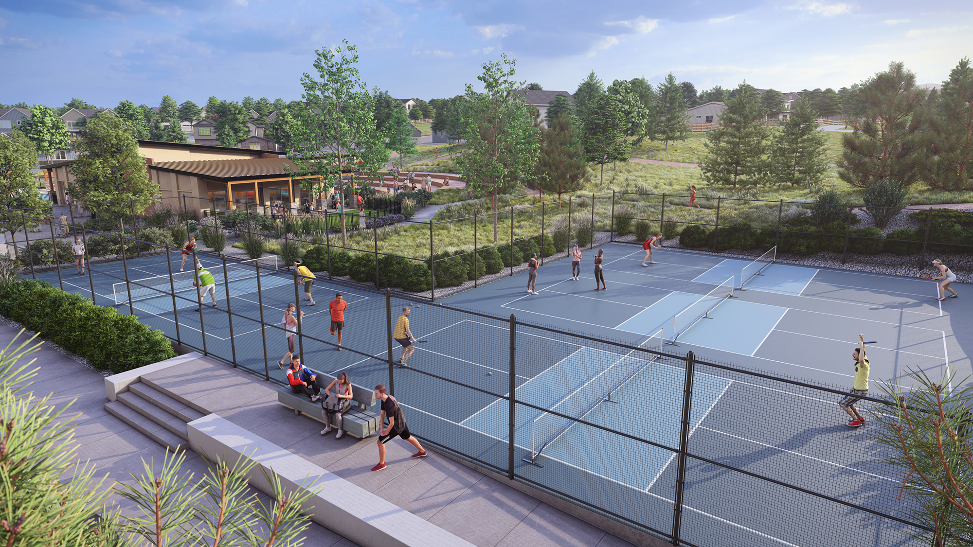 Photorealistic 3D rendering of pickleball courts at Trailstone, a master planned community in Arvada