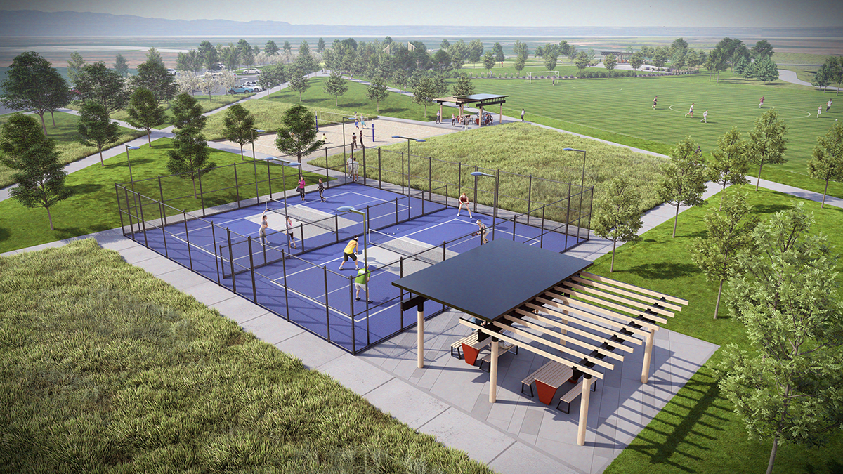 Photorealistic 3D rendering of Strata, a mixed-use development in Dacono, Colorado