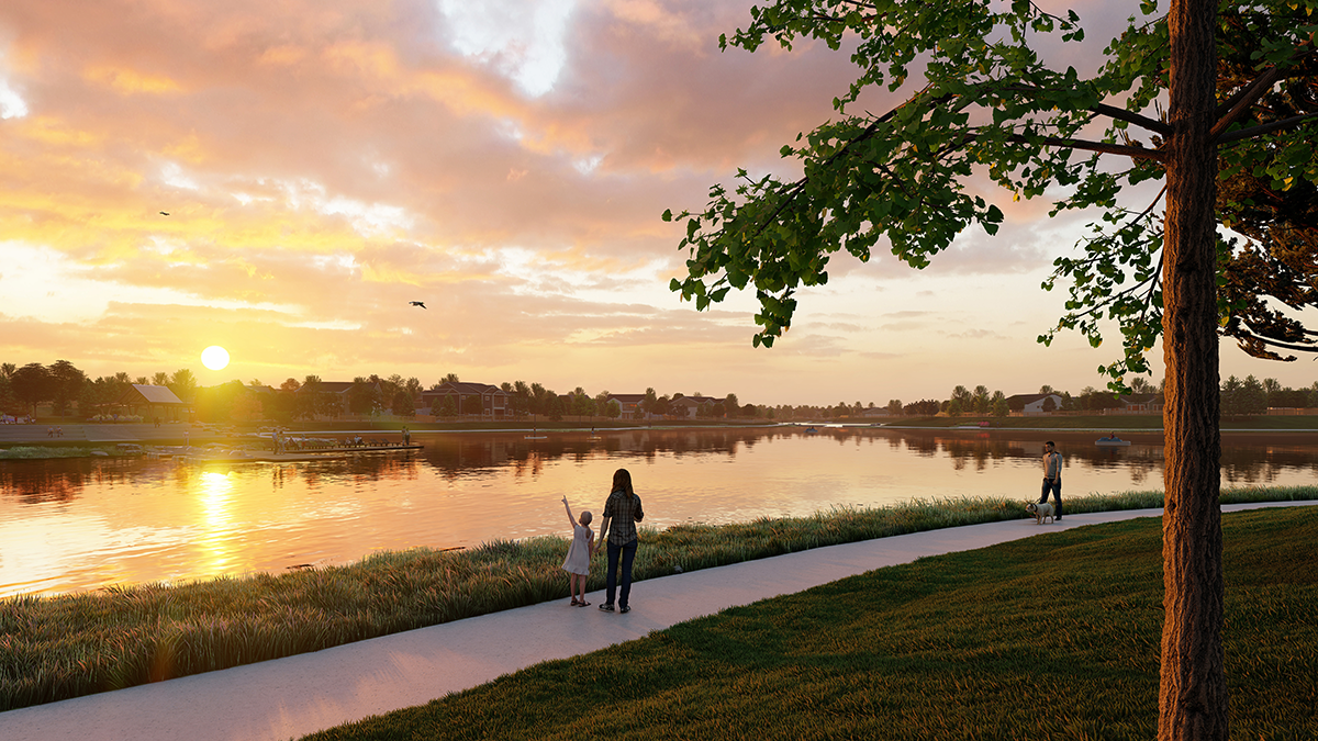 Photorealistic 3D rendering of Timnath Lakes, a master planned community in Timnath, Colorado