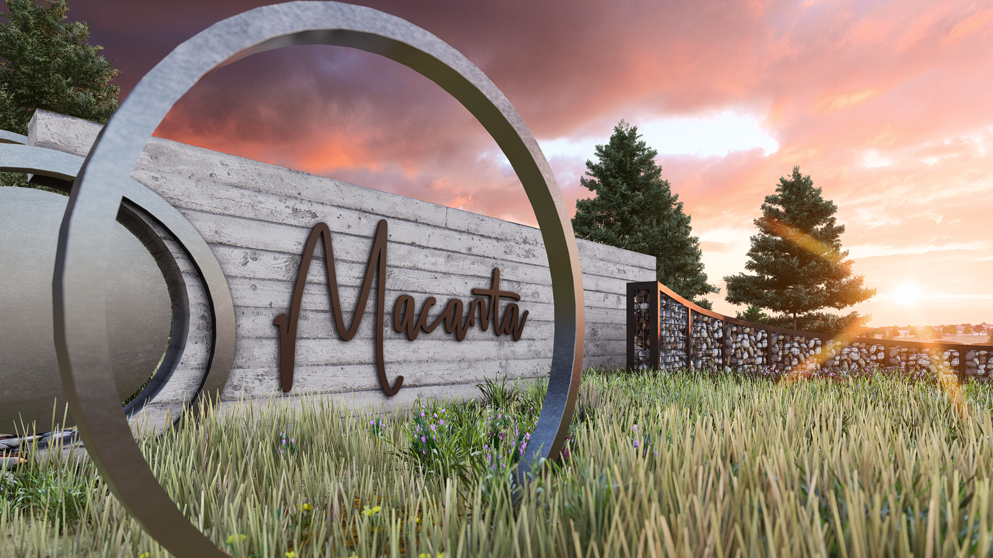 Photorealistic 3D rendering of the entry monumentation at Macanta, a master planned community in Castle Rock