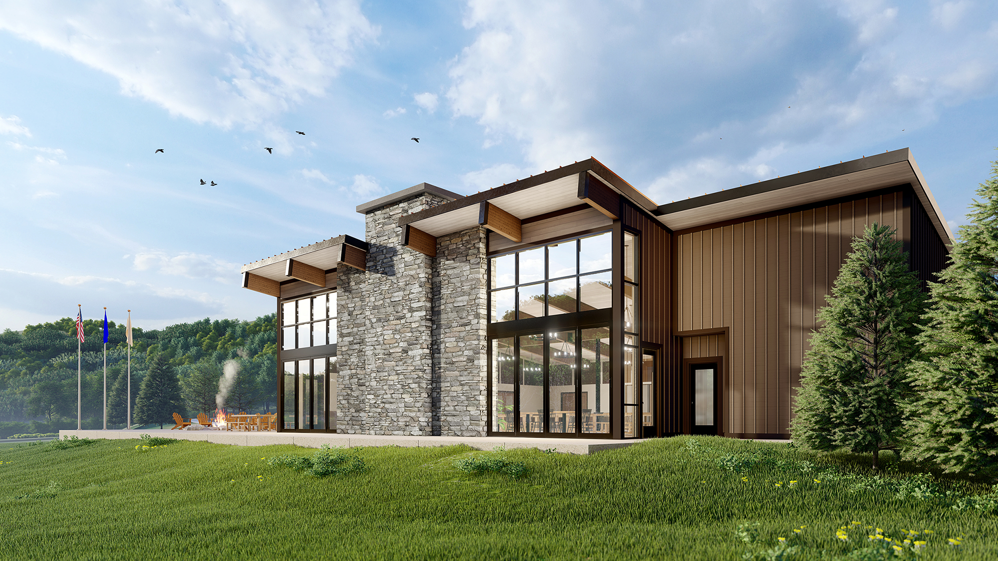Photorealistic 3D architectural rendering of the Lodge 