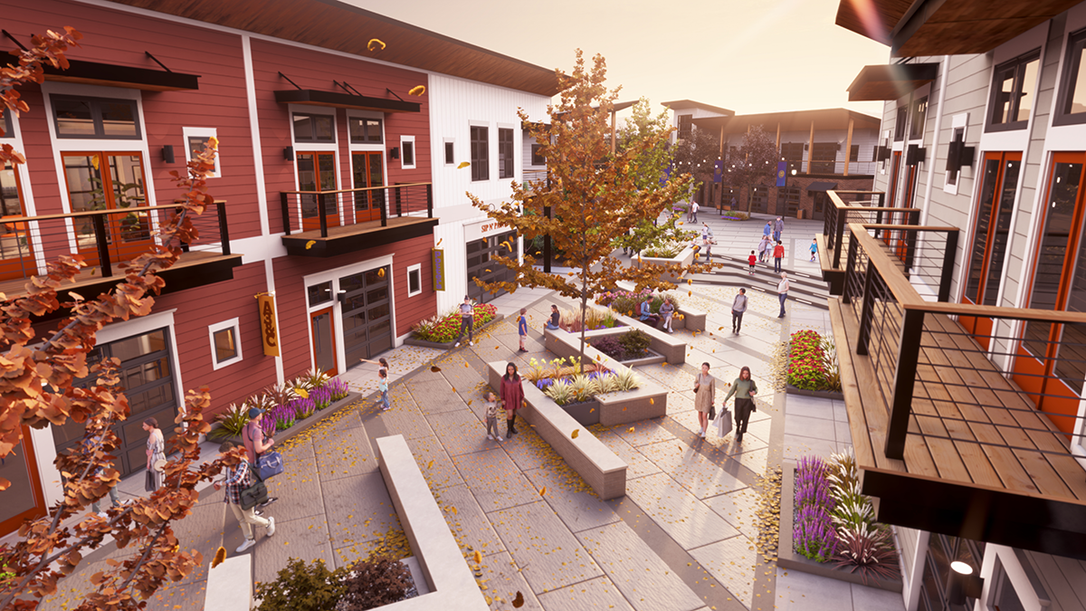 Photorealistic 3D rendering of plaza corridor at Erie Town Center, a mixed-use development in Erie, Colorado