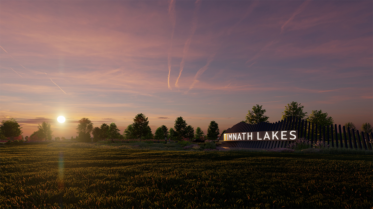 Photorealistic 3D rendering of Timnath Lakes entry monumentation