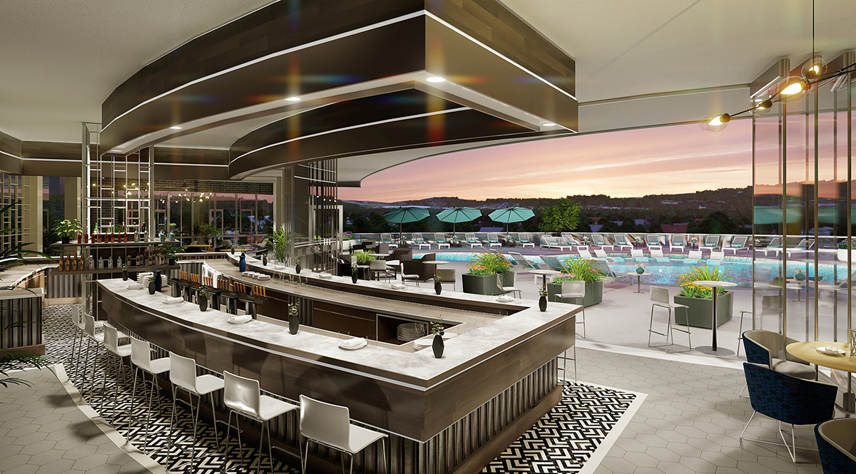 Photorealistic 3D architectural visualization of a bar at Ovation 