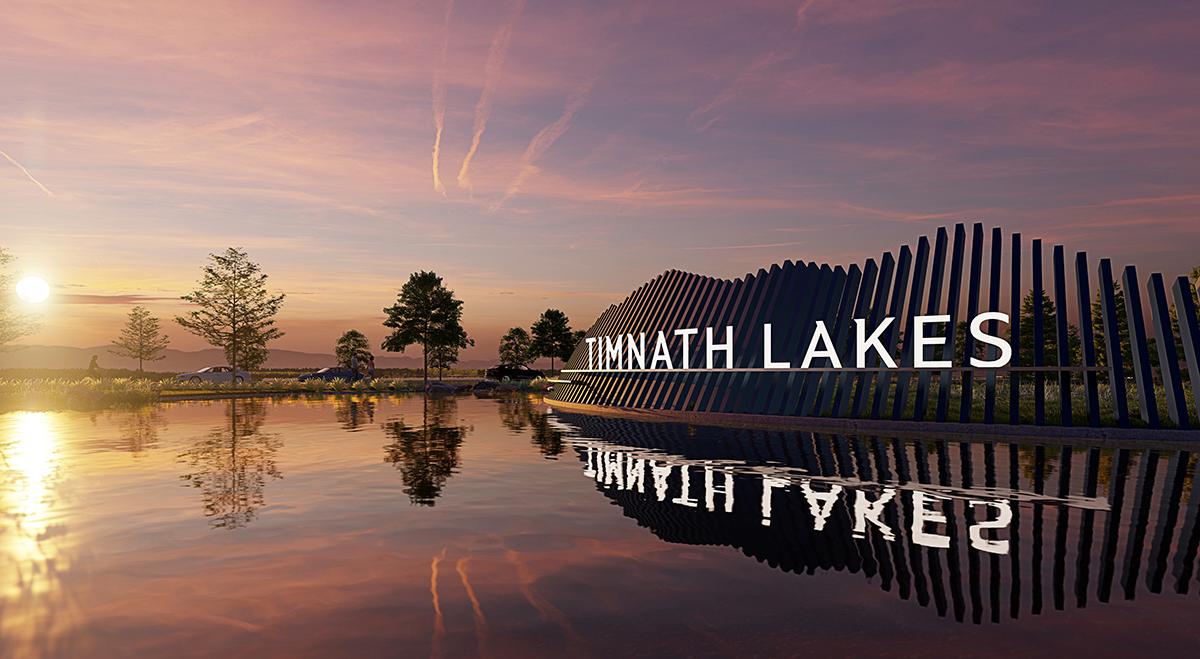Photorealistic 3D rendering of Timnath Lakes entry monumentation